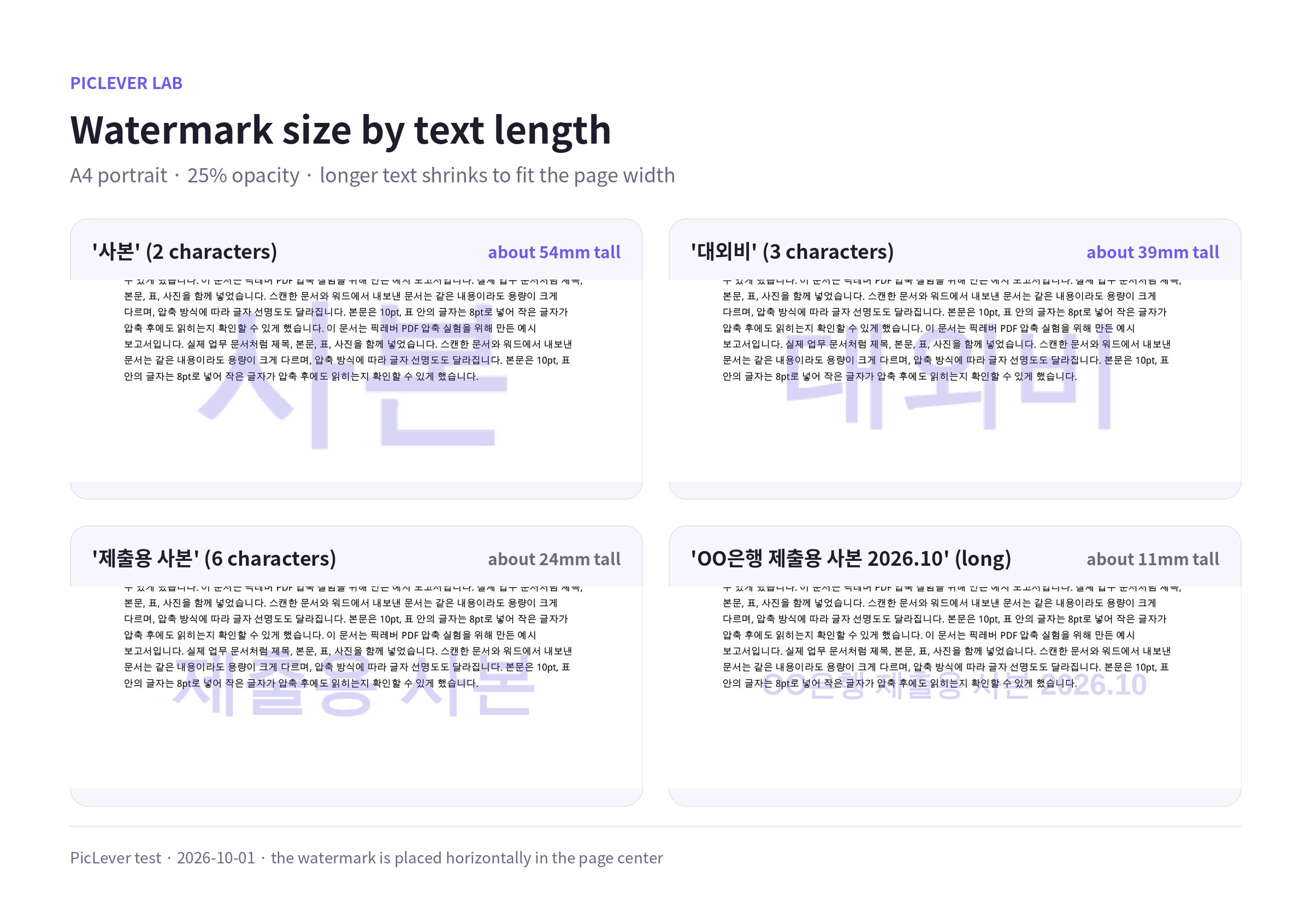 Watermark size by text length on an A4 page, from a 2-character word to a long phrase