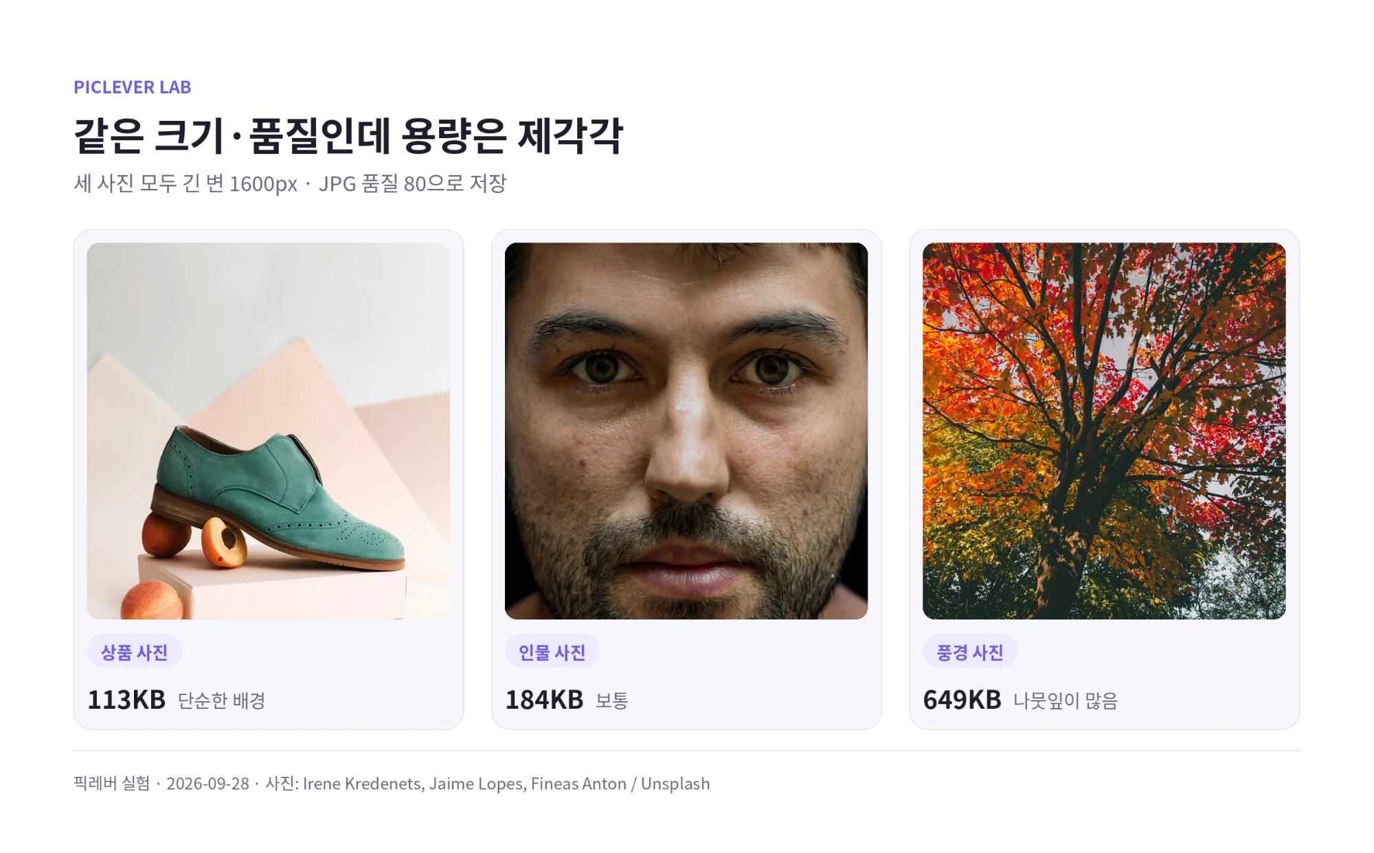 긴 변 1600px, JPG 품질 80으로 저장한 상품·인물·풍경 사진의 용량 비교