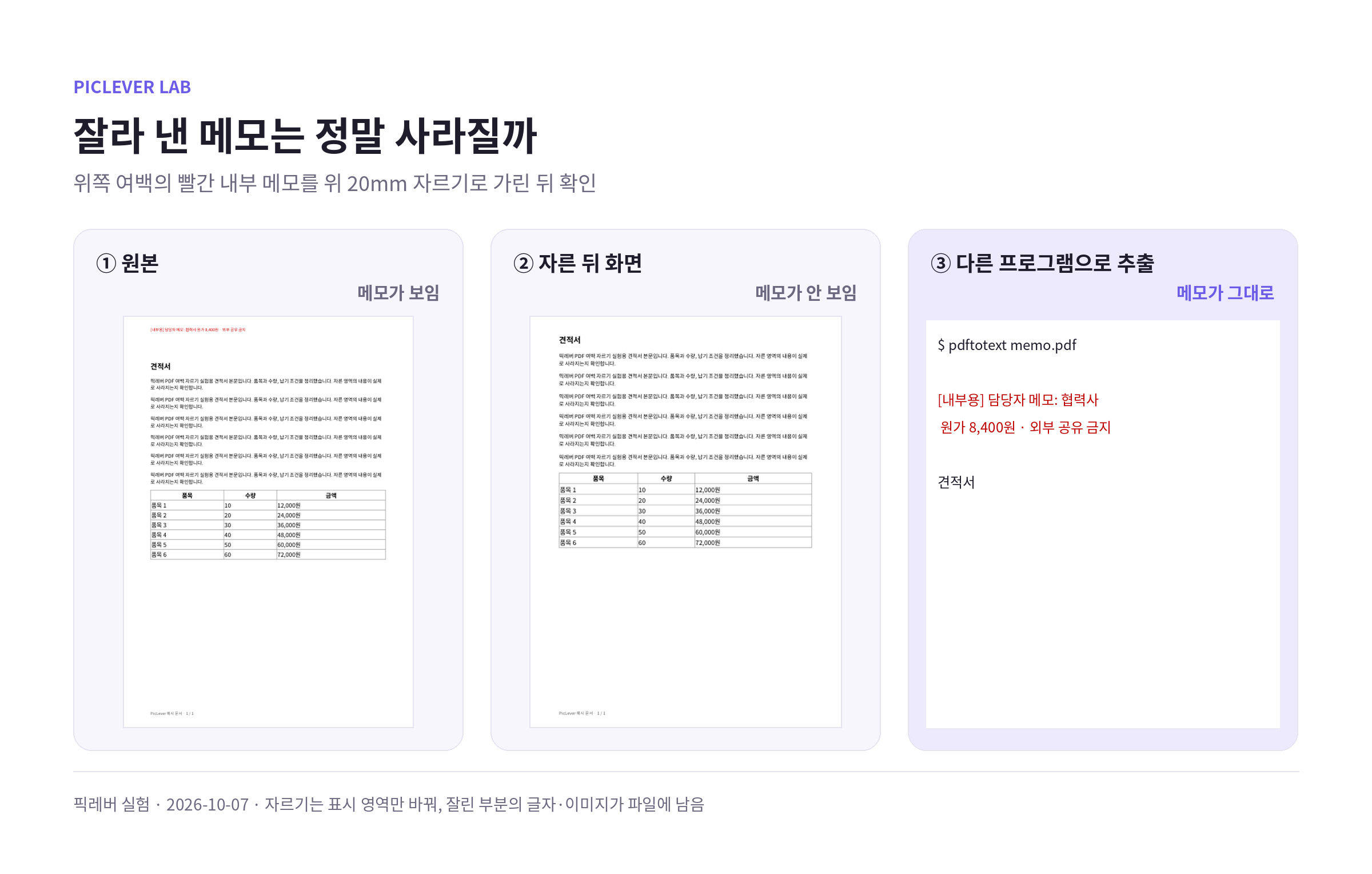 견적서 위쪽 여백의 내부 메모를 자르기로 가렸지만 다른 프로그램으로 글자를 추출하자 메모가 그대로 나온 결과
