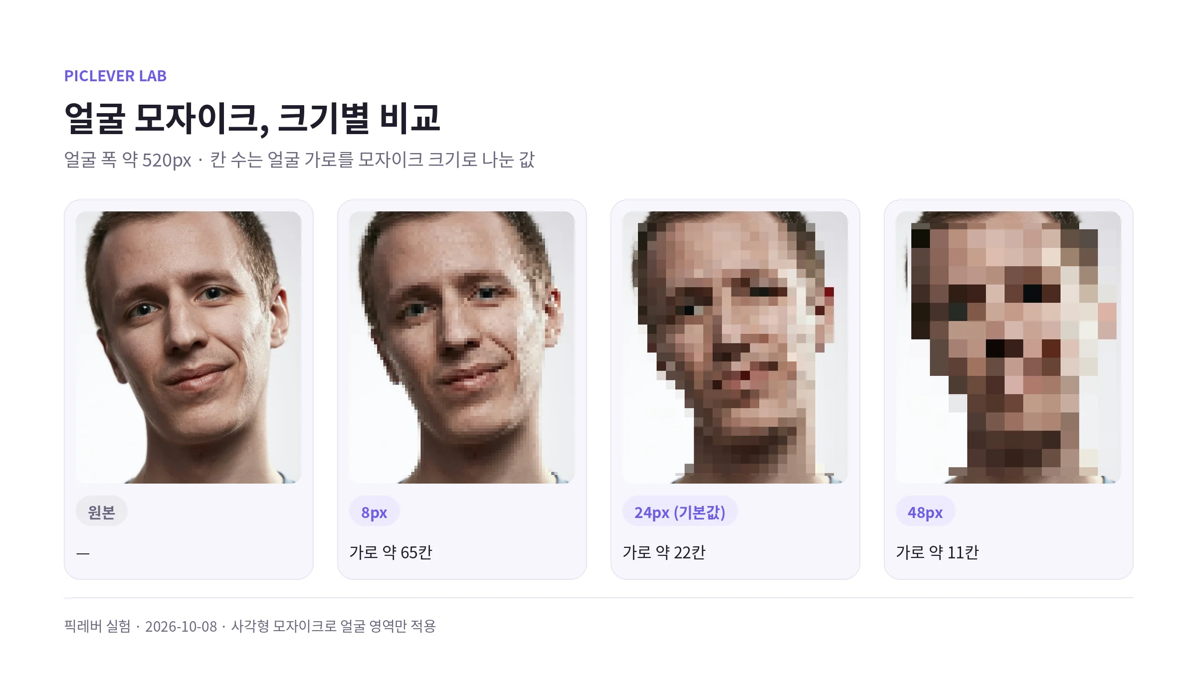 얼굴 폭 약 520px 인물에 모자이크 8·24·48px을 적용해 비교