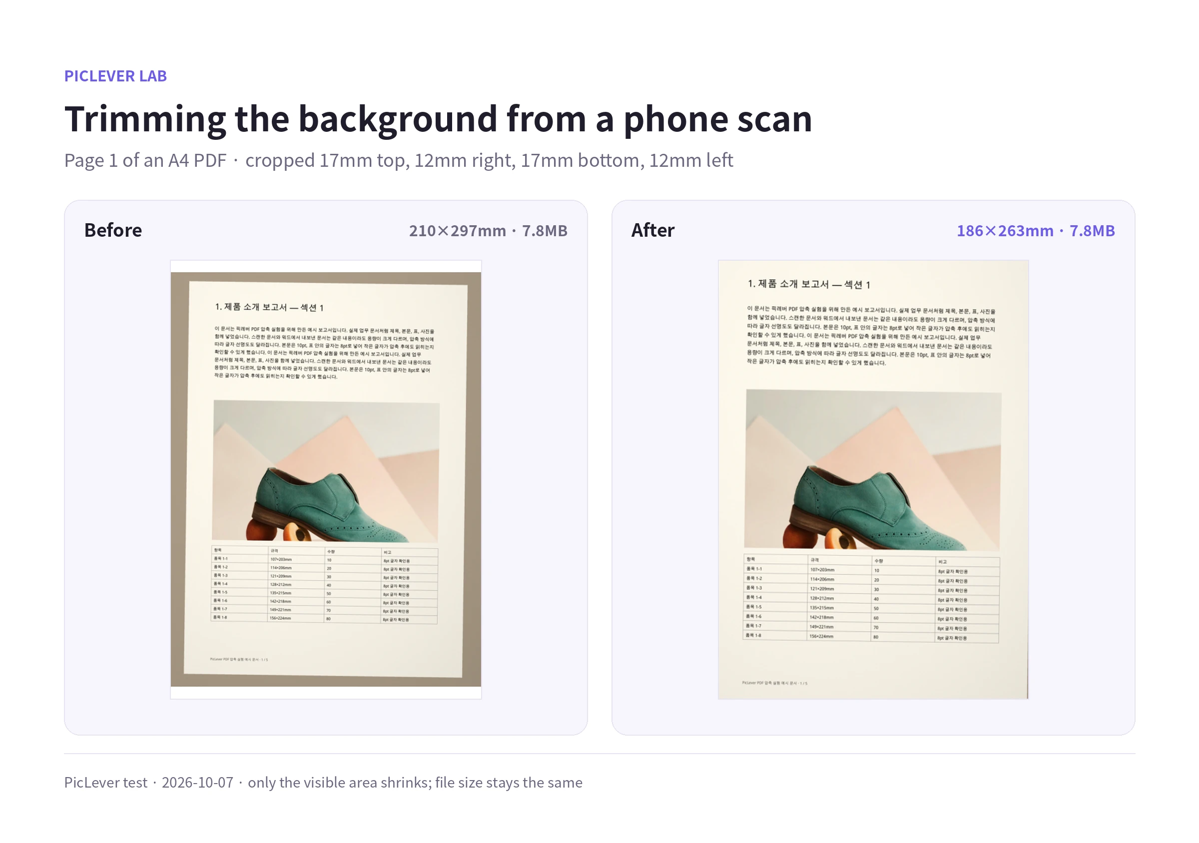 A phone-photographed document PDF before and after cropping 17mm top and bottom and 12mm left and right