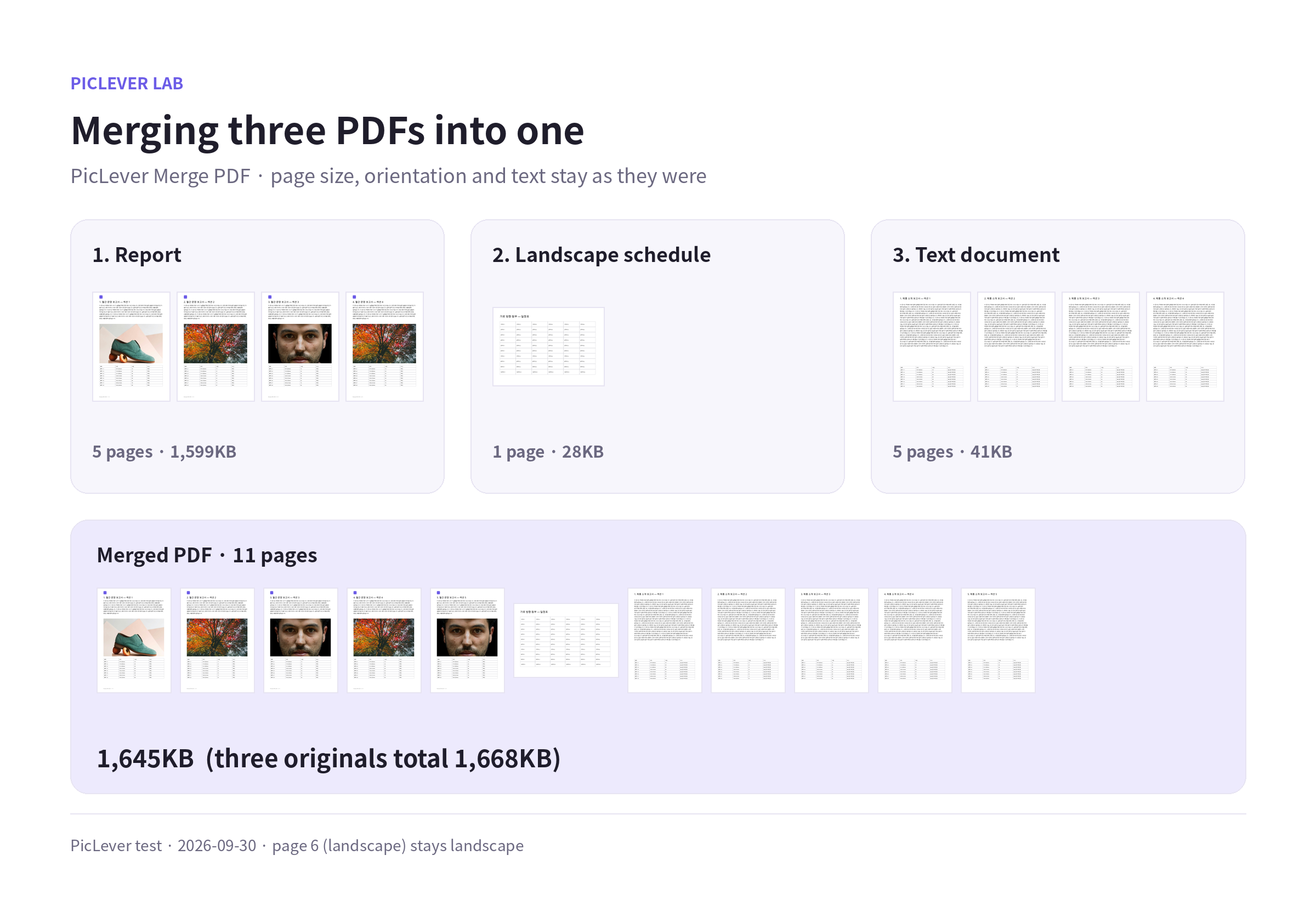 A report, a landscape schedule and a text document merged into one 11-page PDF