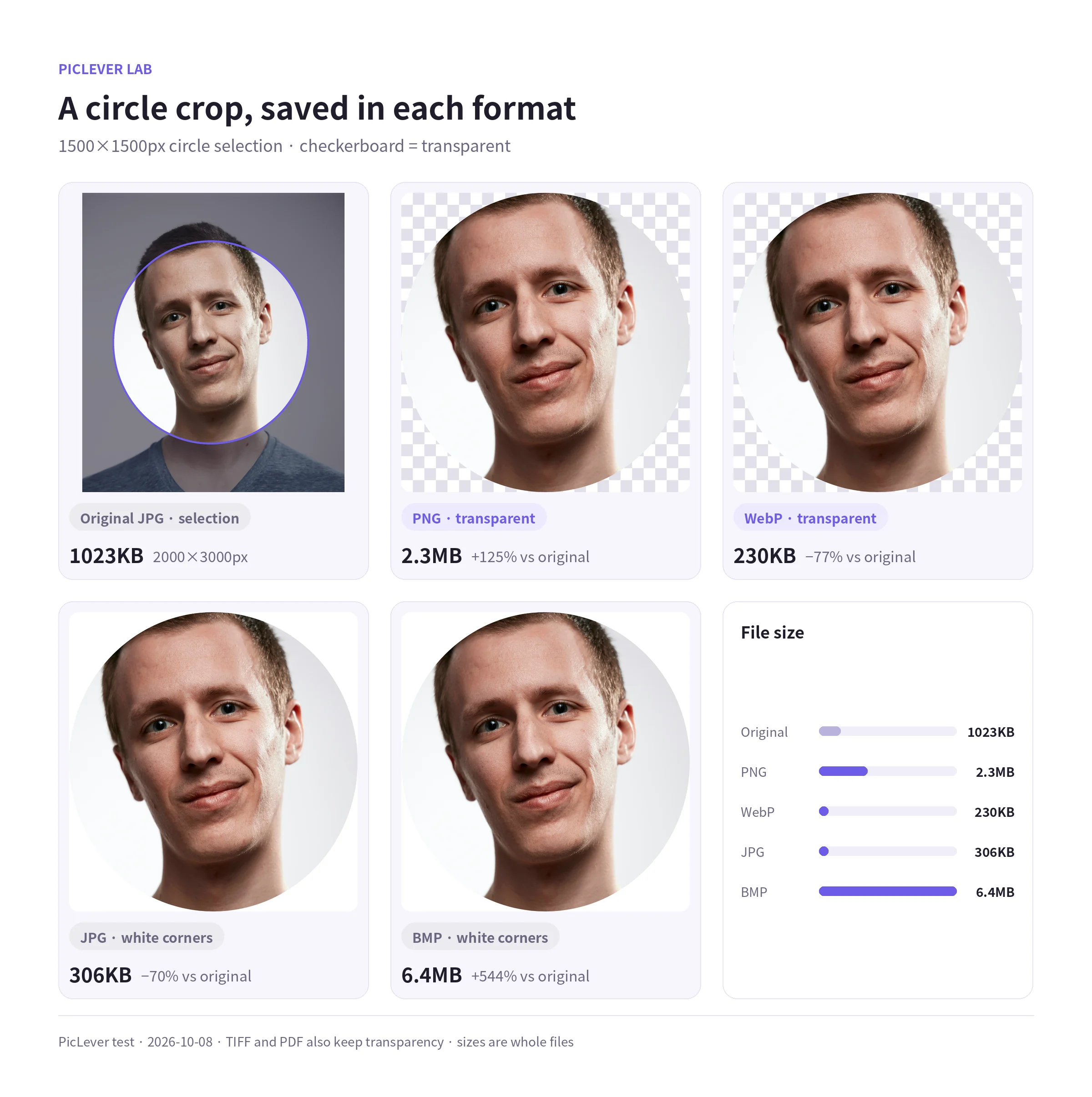 A 2000×3000px portrait cropped to a 1500×1500px circle and saved as PNG, WebP, JPG and BMP, with file sizes
