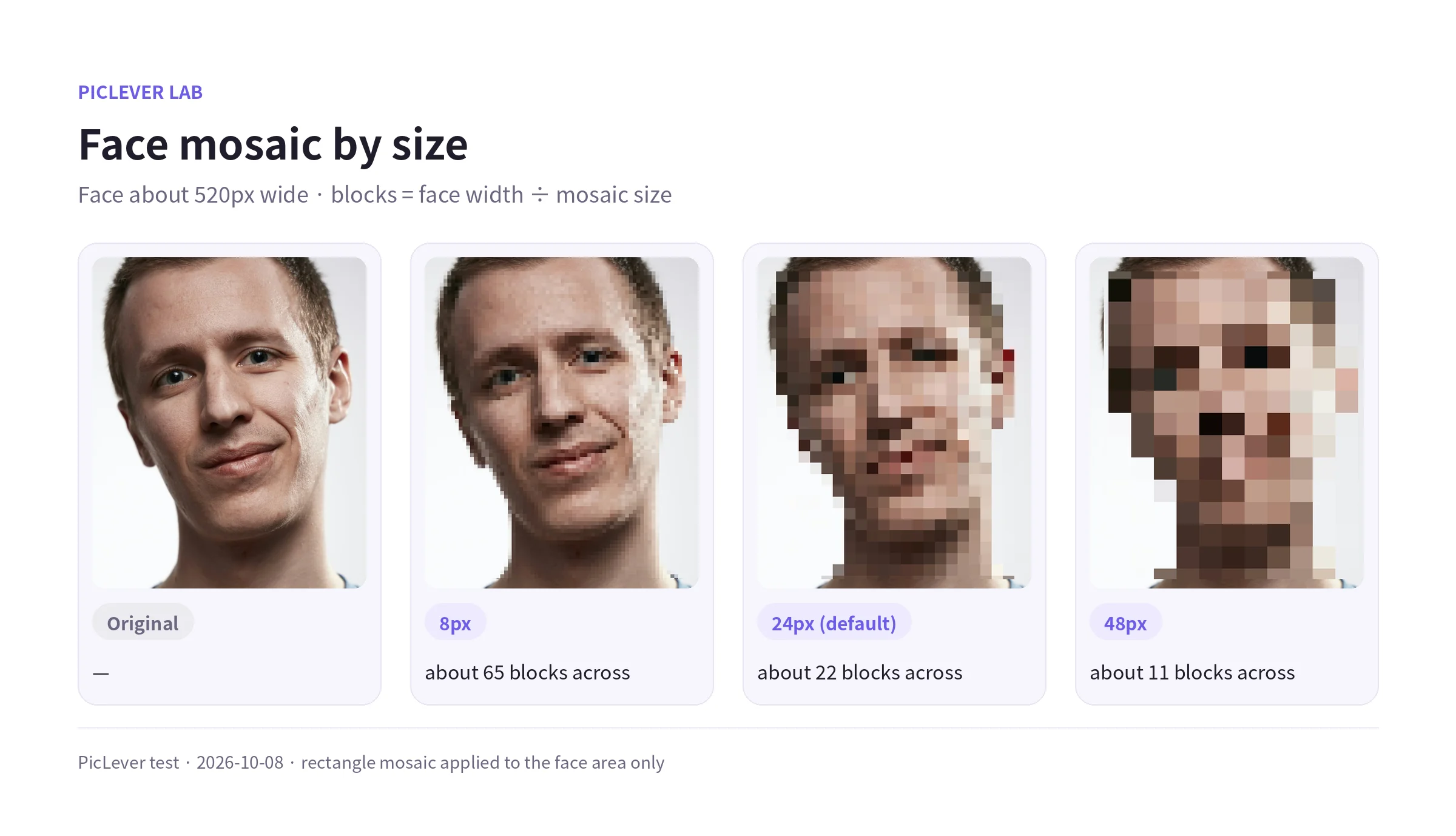 A face about 520px wide pixelated at 8, 24 and 48px