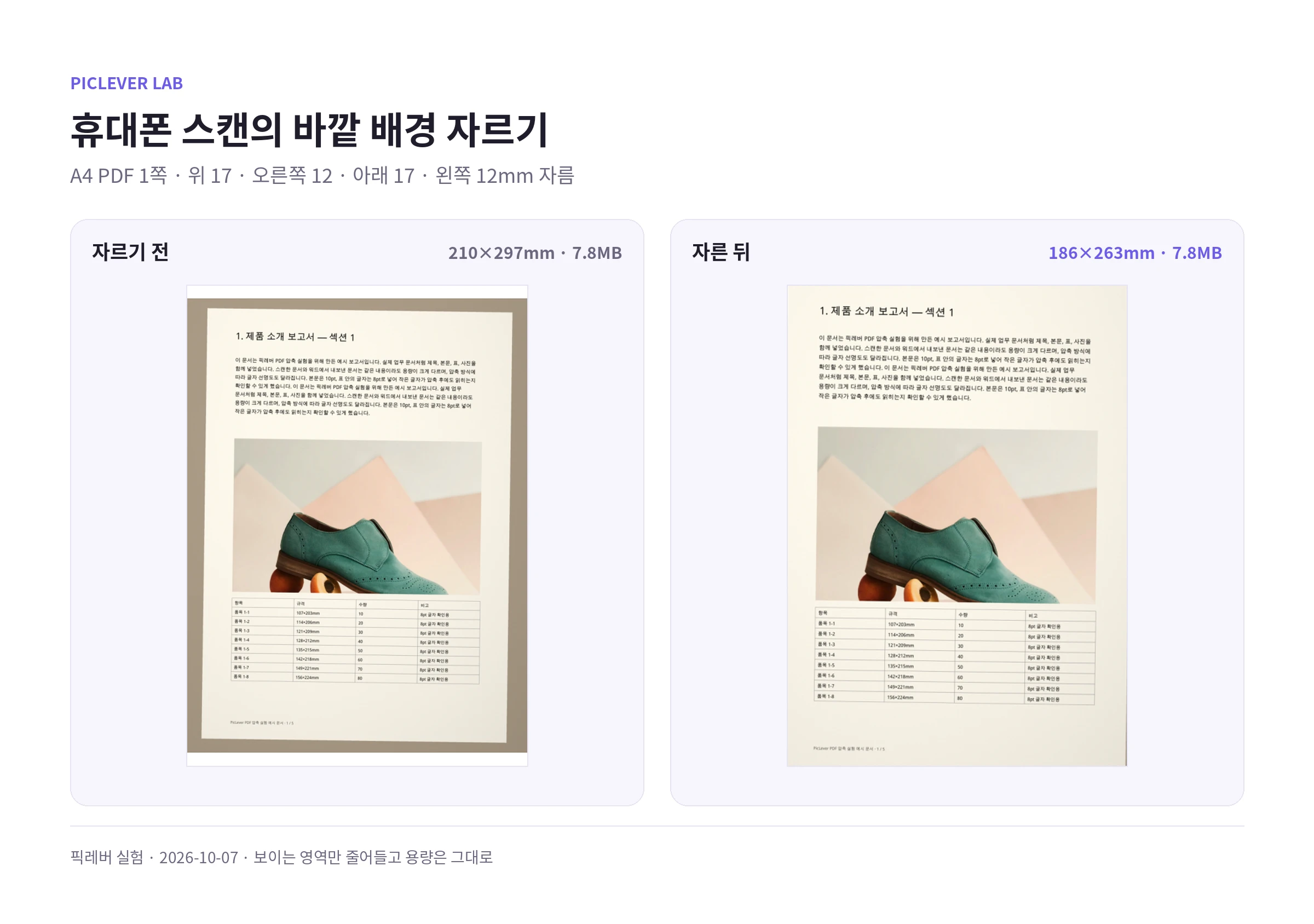 휴대폰으로 찍은 서류 PDF의 바깥 배경을 위 17mm, 좌우 12mm, 아래 17mm 잘라 낸 전후 비교