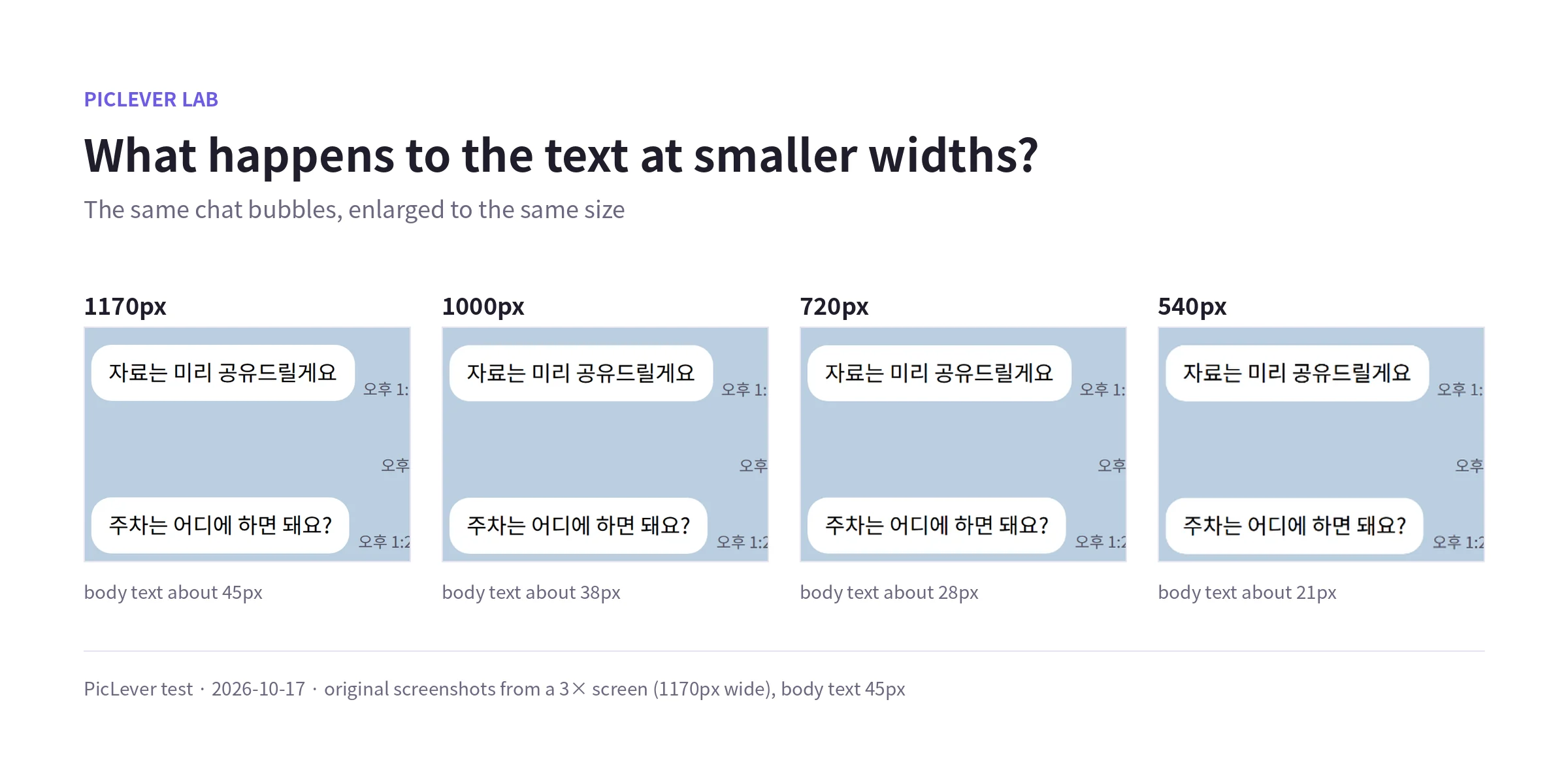 The same chat bubbles from screenshots joined at 1170, 1000, 720 and 540px, enlarged to the same size