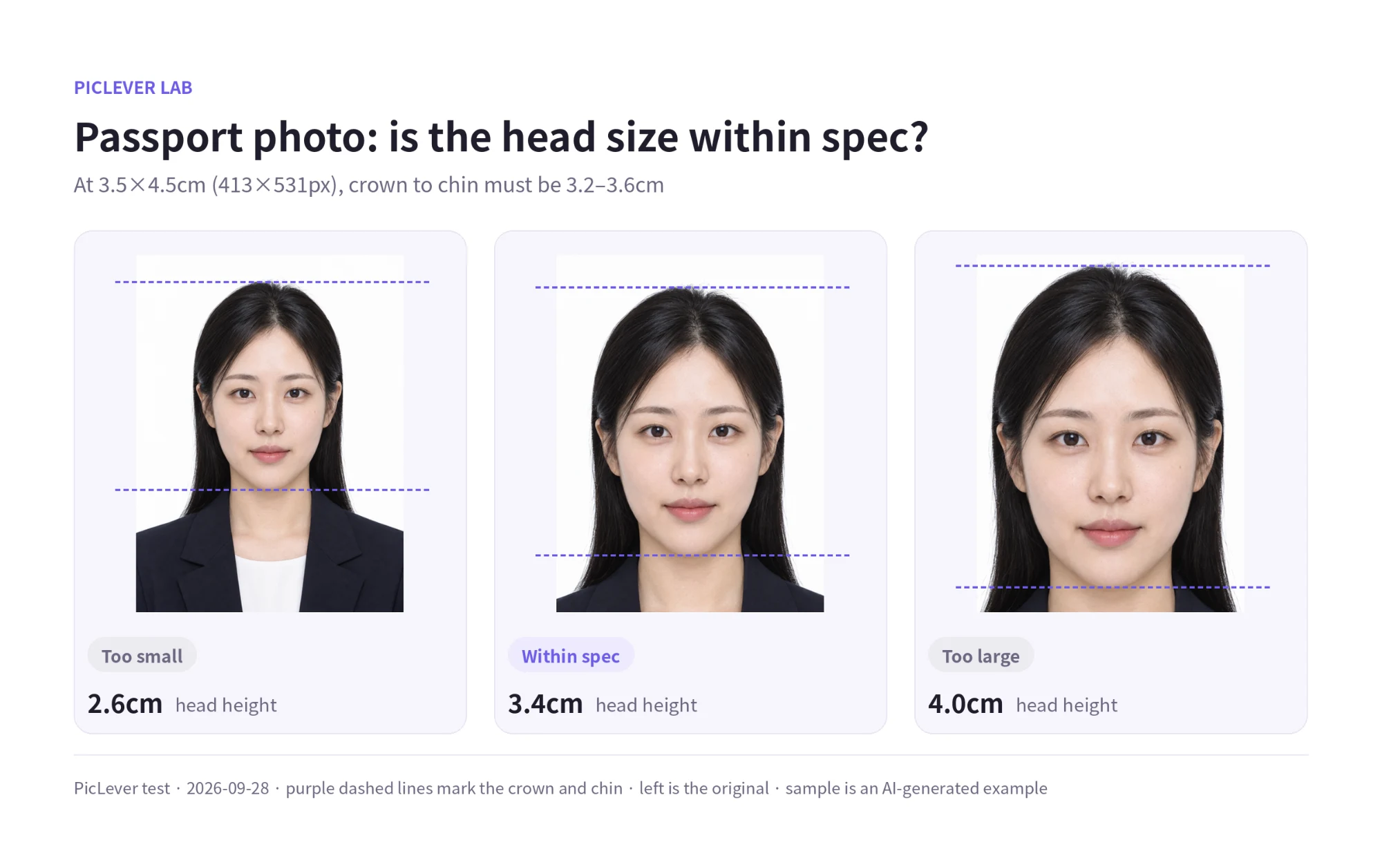The same portrait cropped to the passport ratio with a head height of 2.6cm, 3.4cm and 4.0cm