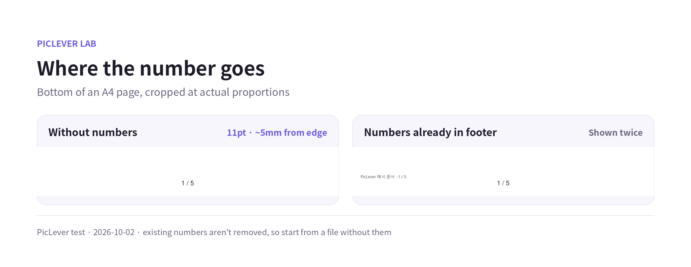 Bottom of an A4 page: page numbers added to a document without numbers and to one that already had numbers in its footer