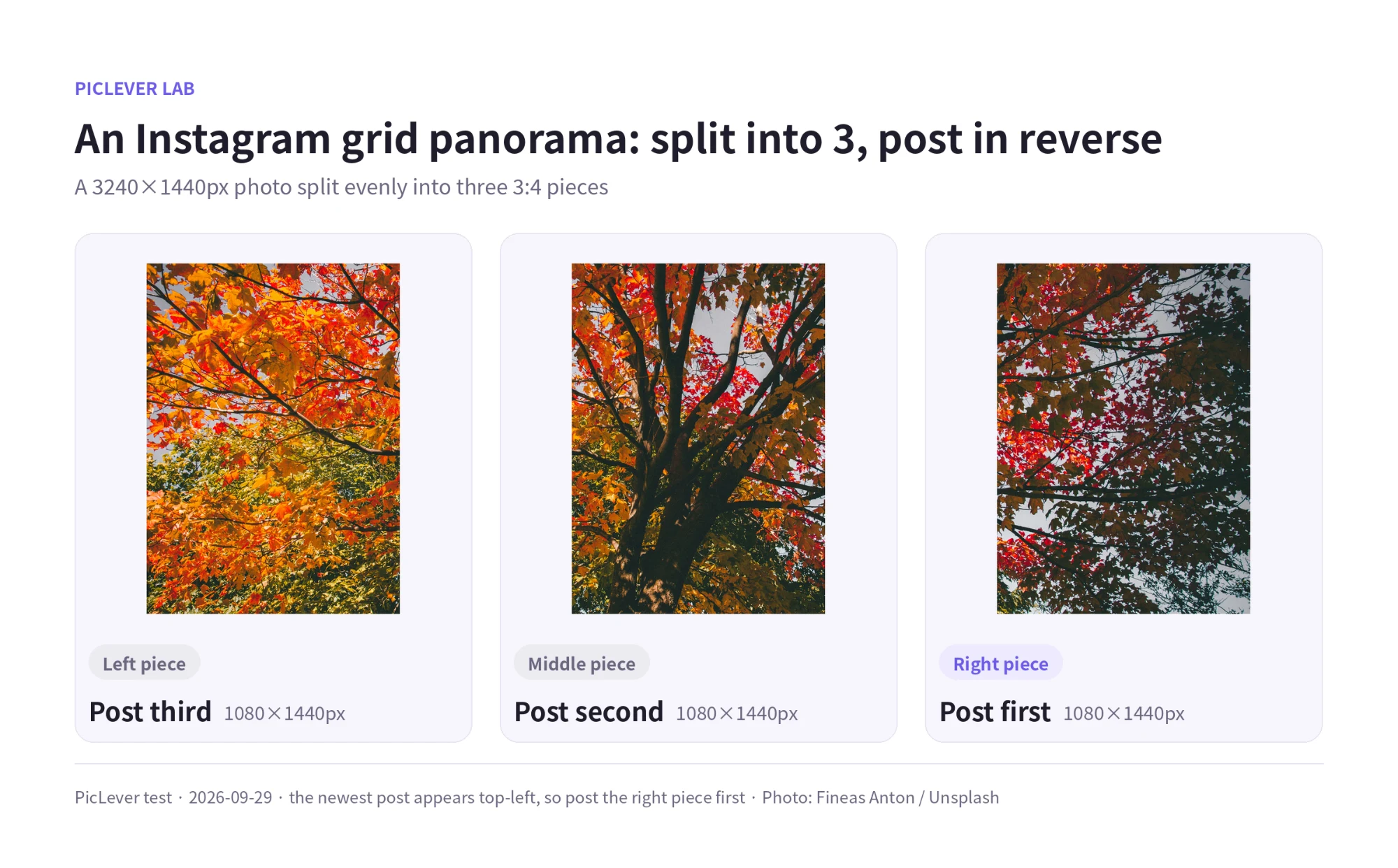 A 3240×1440px foliage photo split into three 1080×1440px pieces, posted starting with the right piece