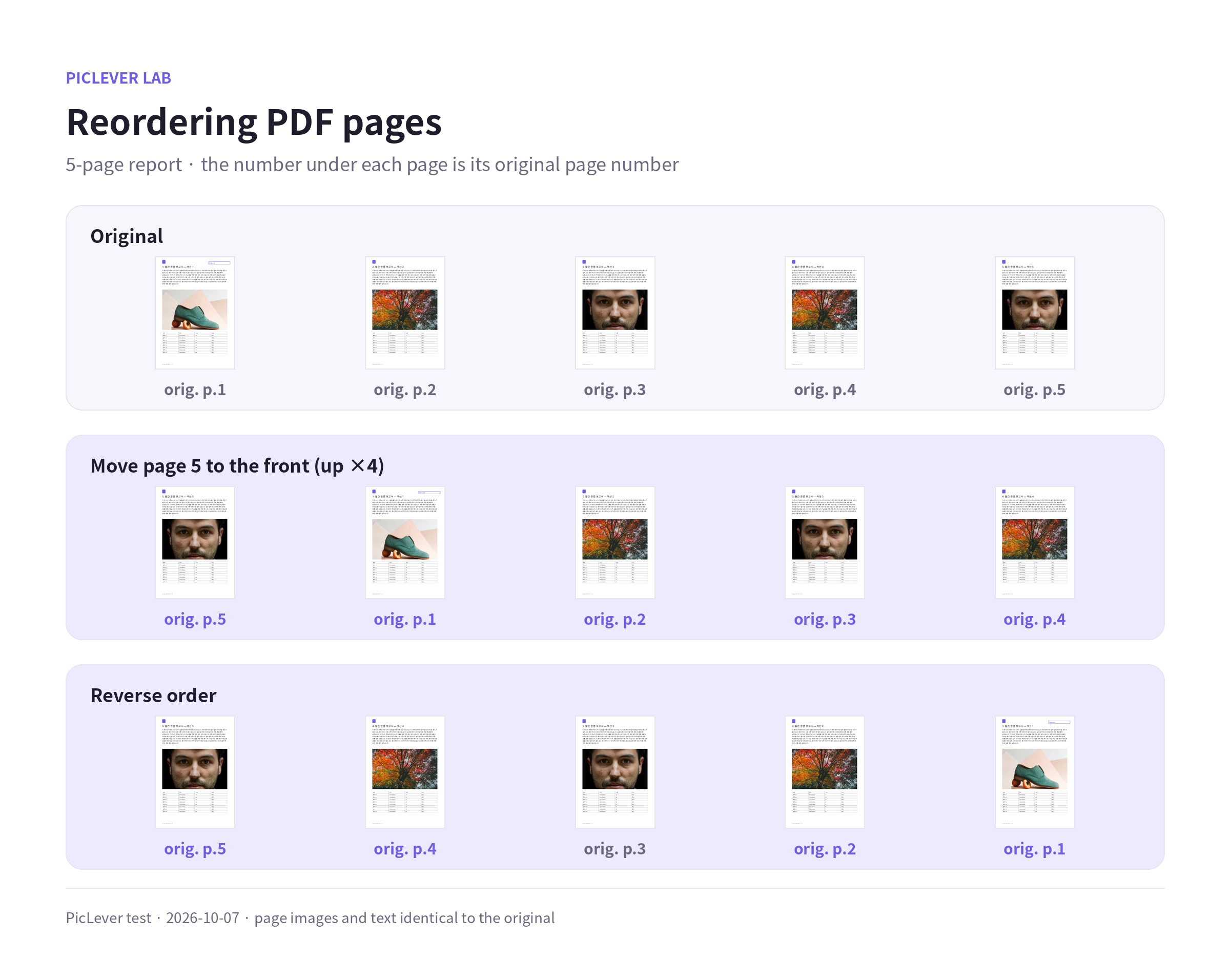 A 5-page report with page 5 moved to the front, and the same report in reverse order